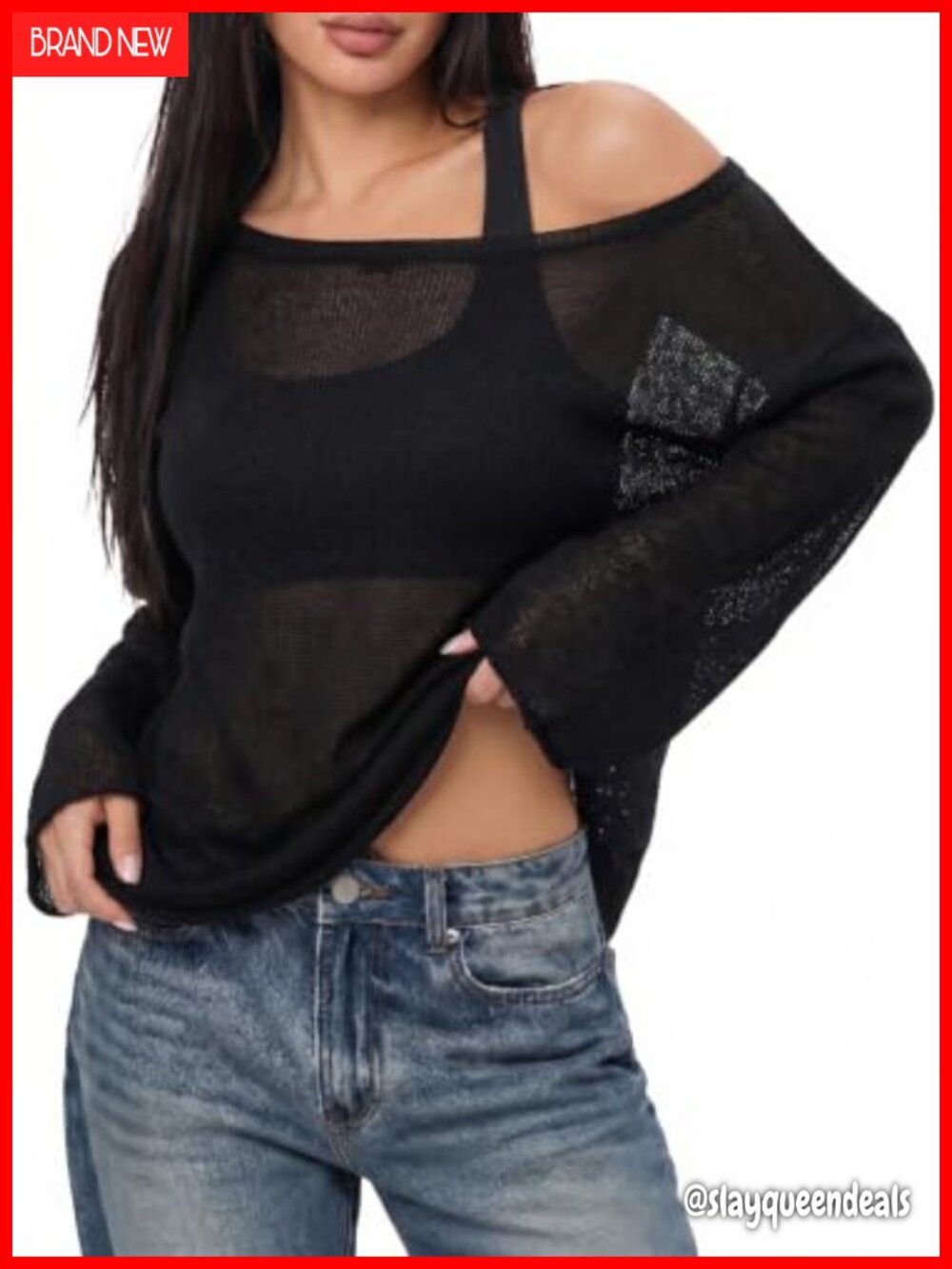 Sheer Off Shoulder Crochet Sweater Batwing Long Sleeve Cover Up